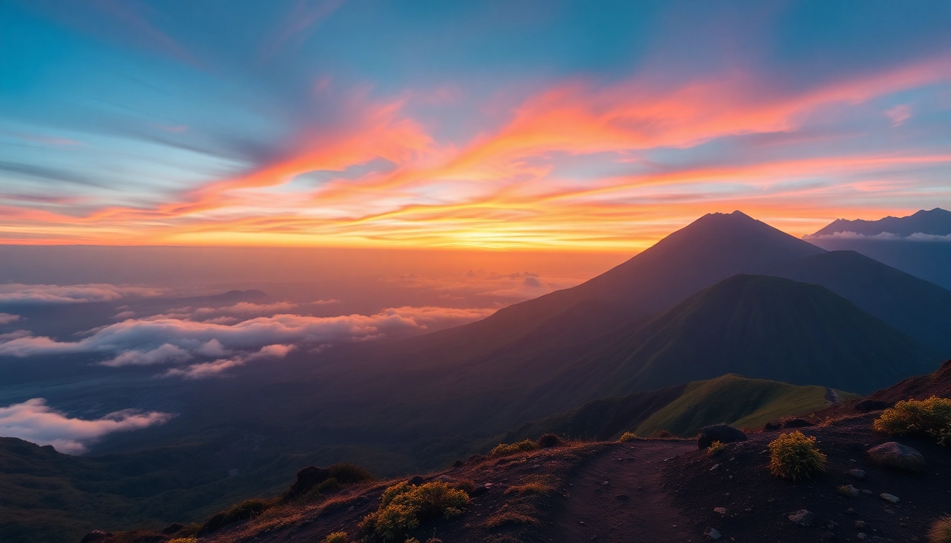 Climber ascending Mount Rinjani with panoramic volcanic landscape and sunrise in the background, showcasing the mountain's majesty and adventure.
