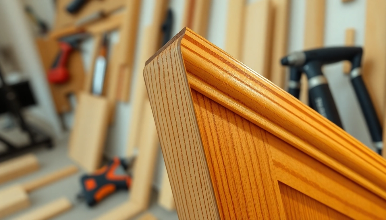 Finish trim installed on a modern interior wall, showcasing smooth and precise craftsmanship with detailed woodwork and clean edges for an elegant look.