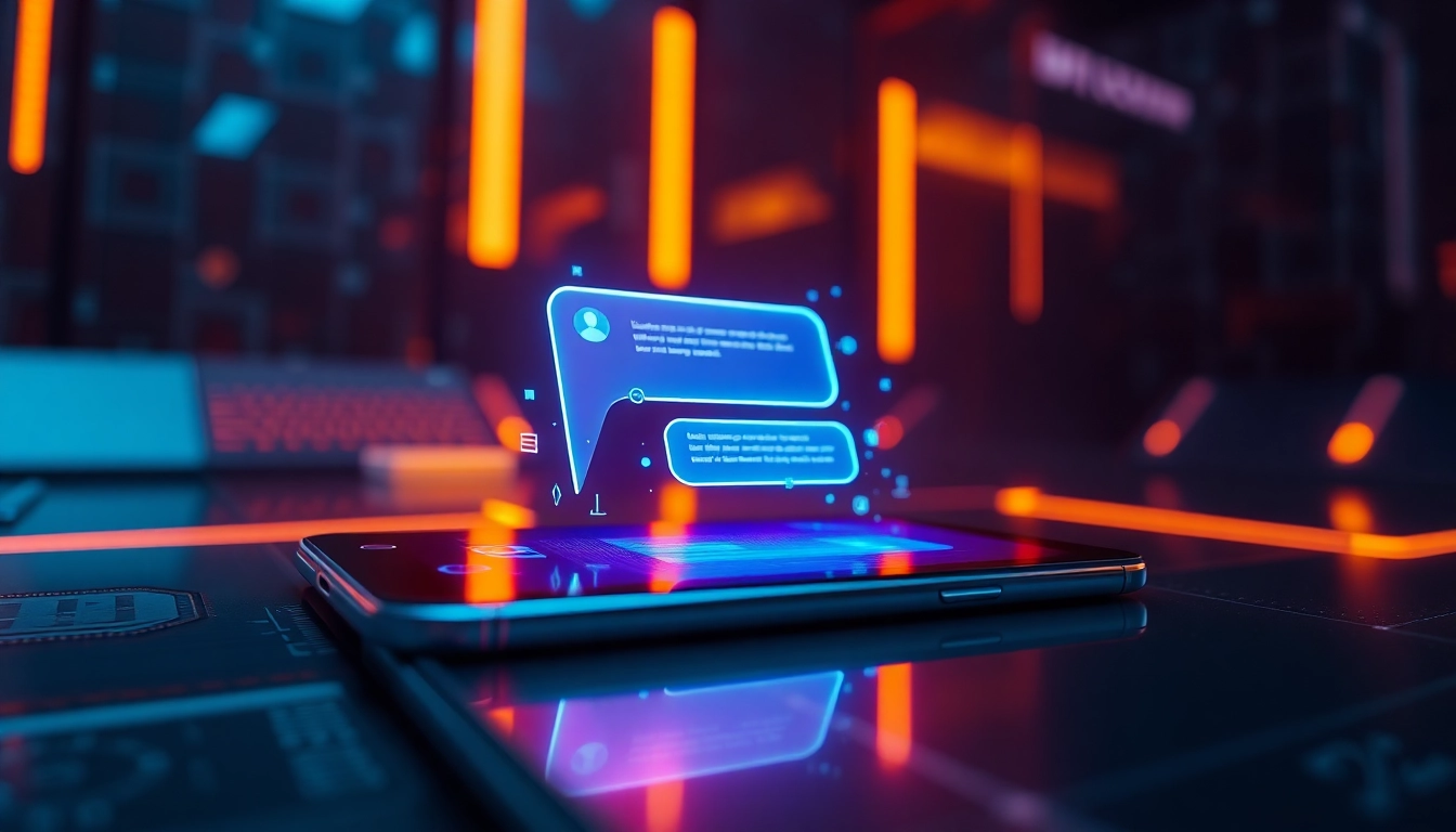 Futuristic AI chatbot interface on a high-tech device screen with holographic data streams and ambient lighting.
