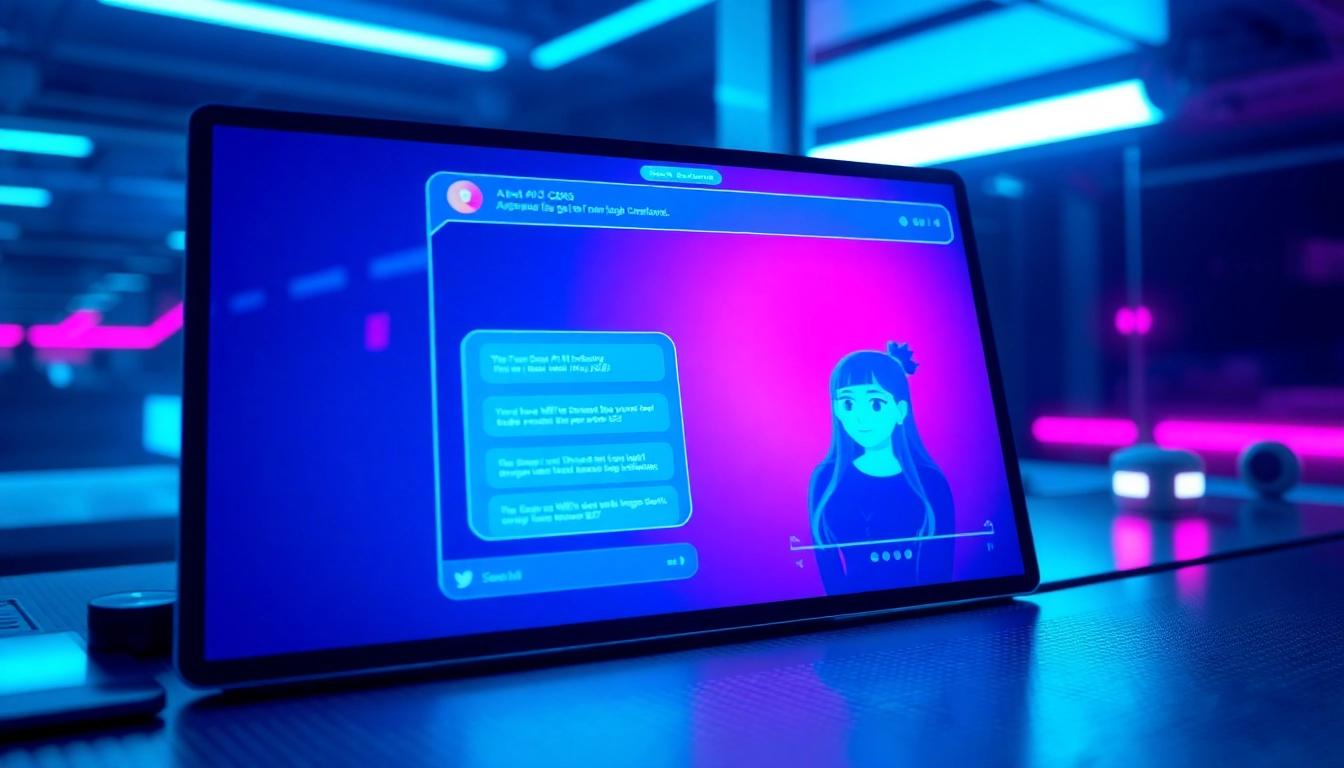 Futuristic AI chatbot interface with glowing characters and digital environment