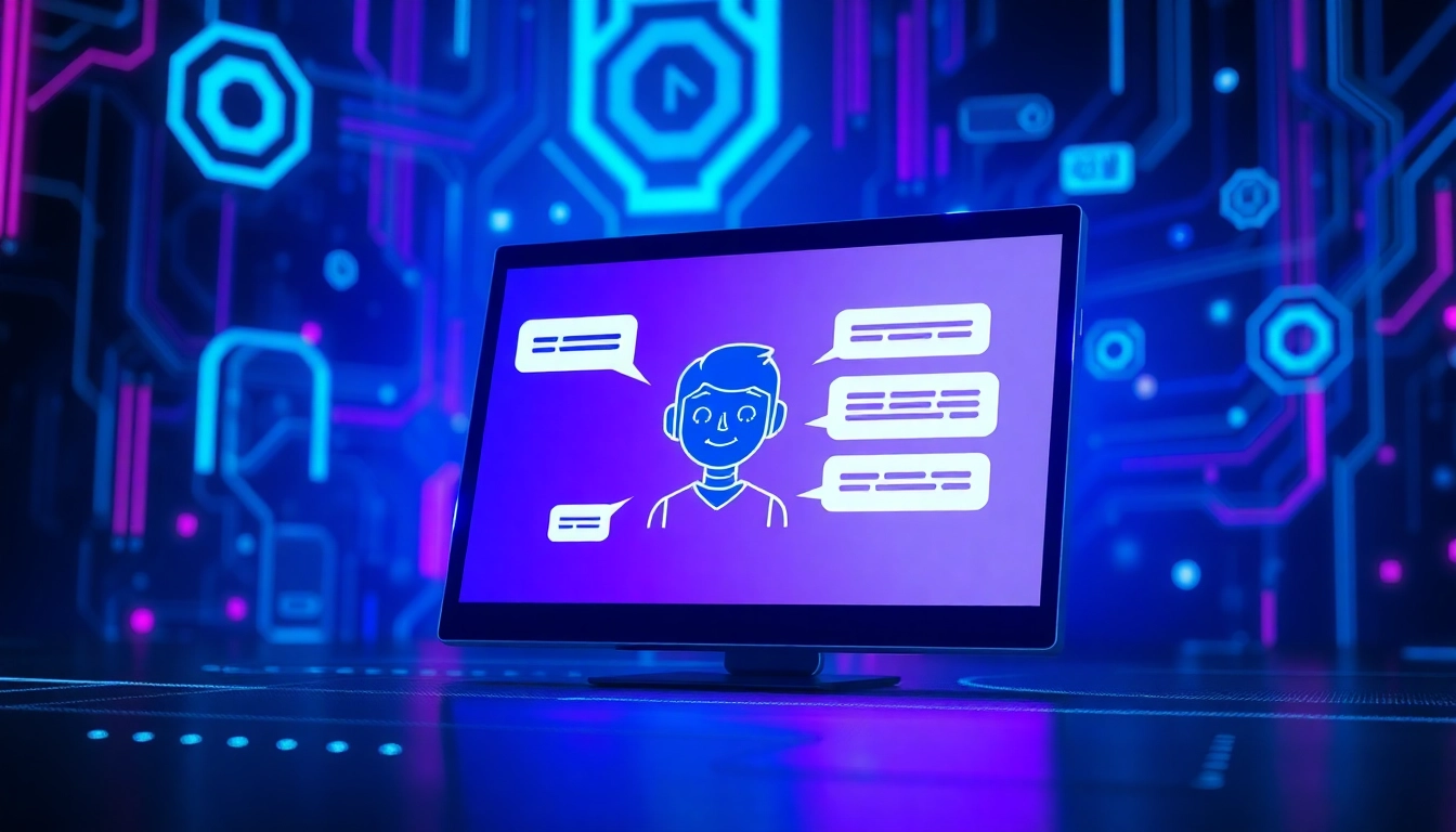 Futuristic AI chat platform with neon lighting and holographic interface elements.
