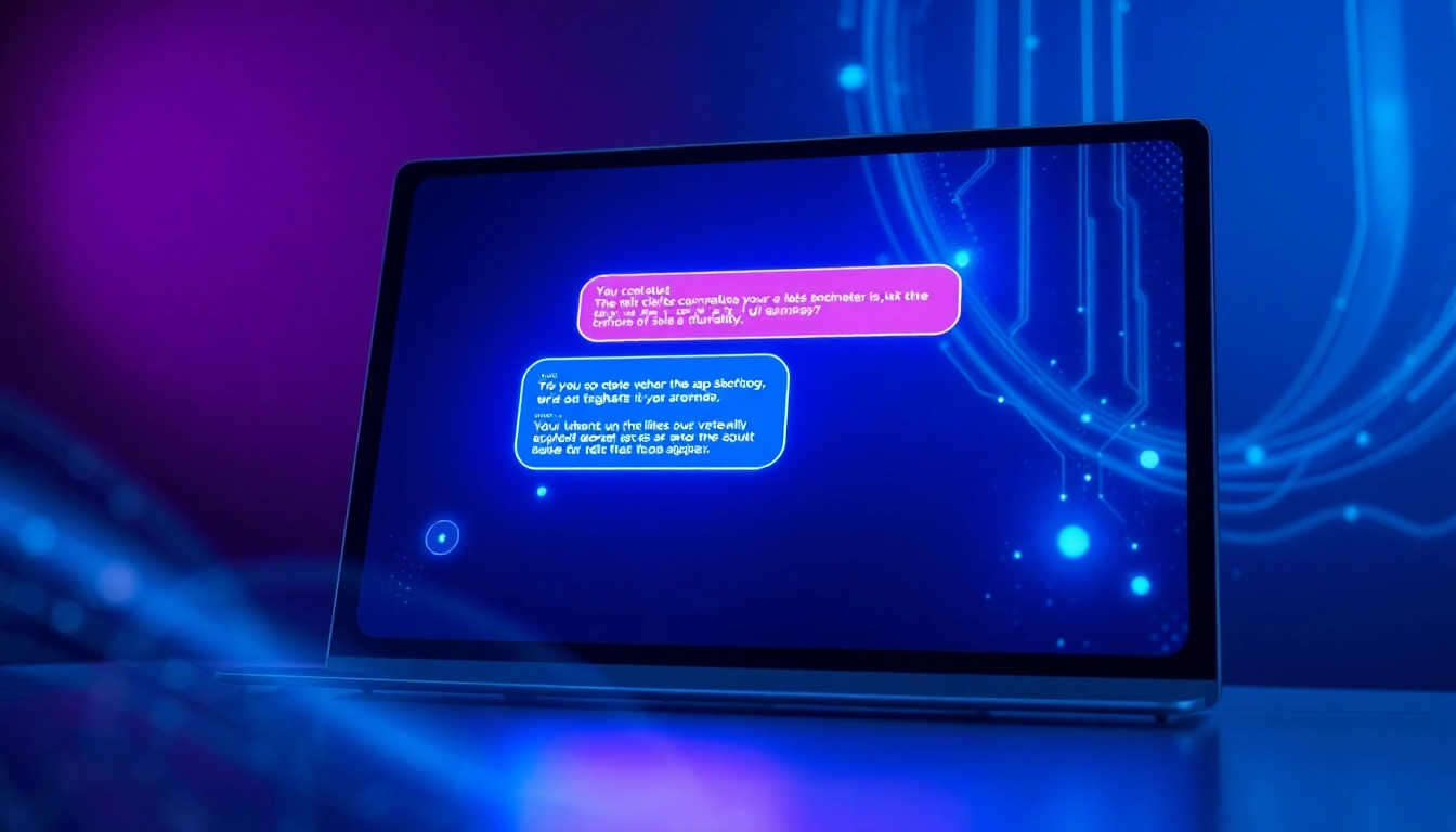 Futuristic AI chatbot interface with glowing chat bubbles and holographic digital patterns
