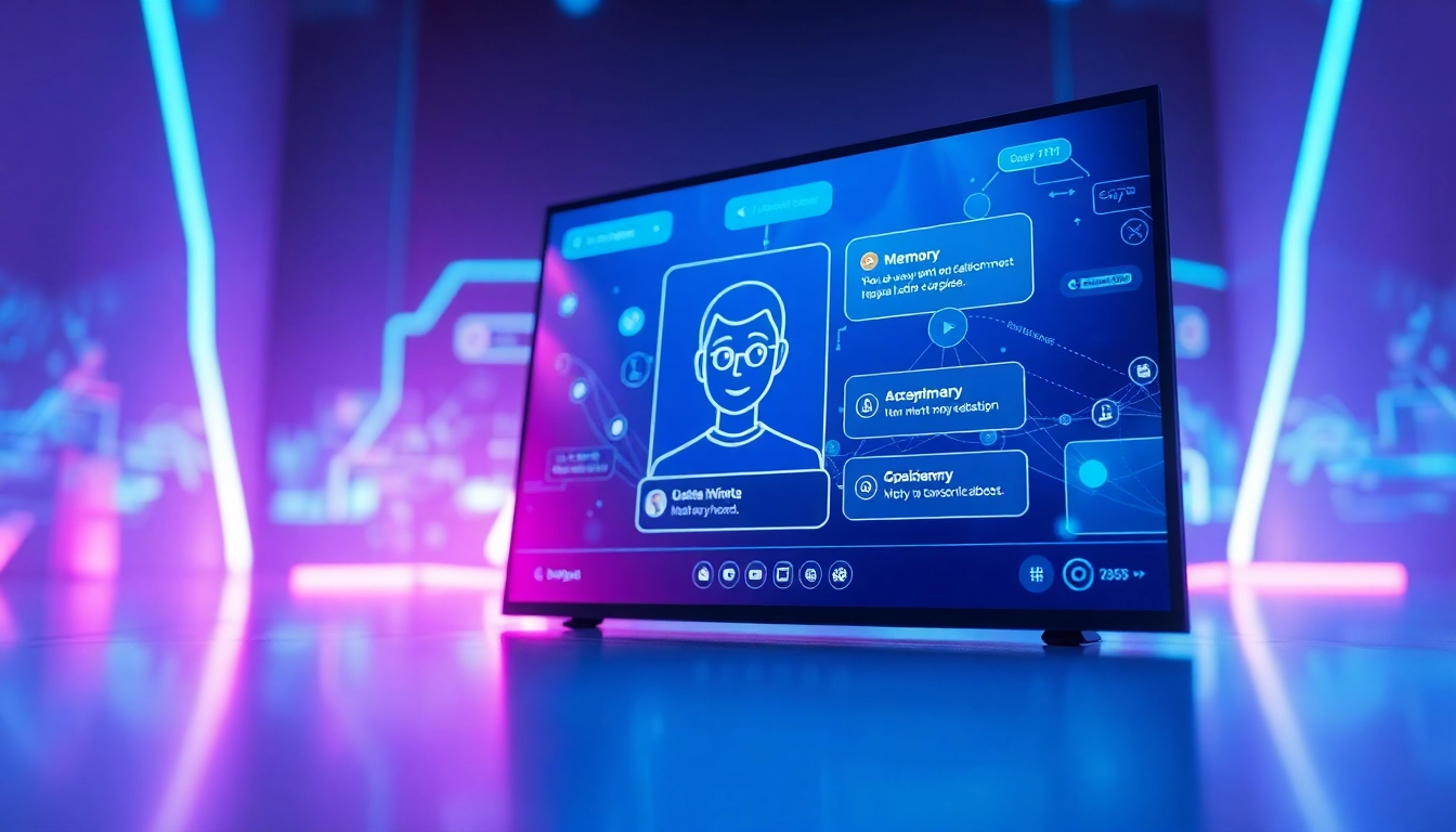 Futuristic AI chatbot interface with neon lights and digital data streams on a modern screen.