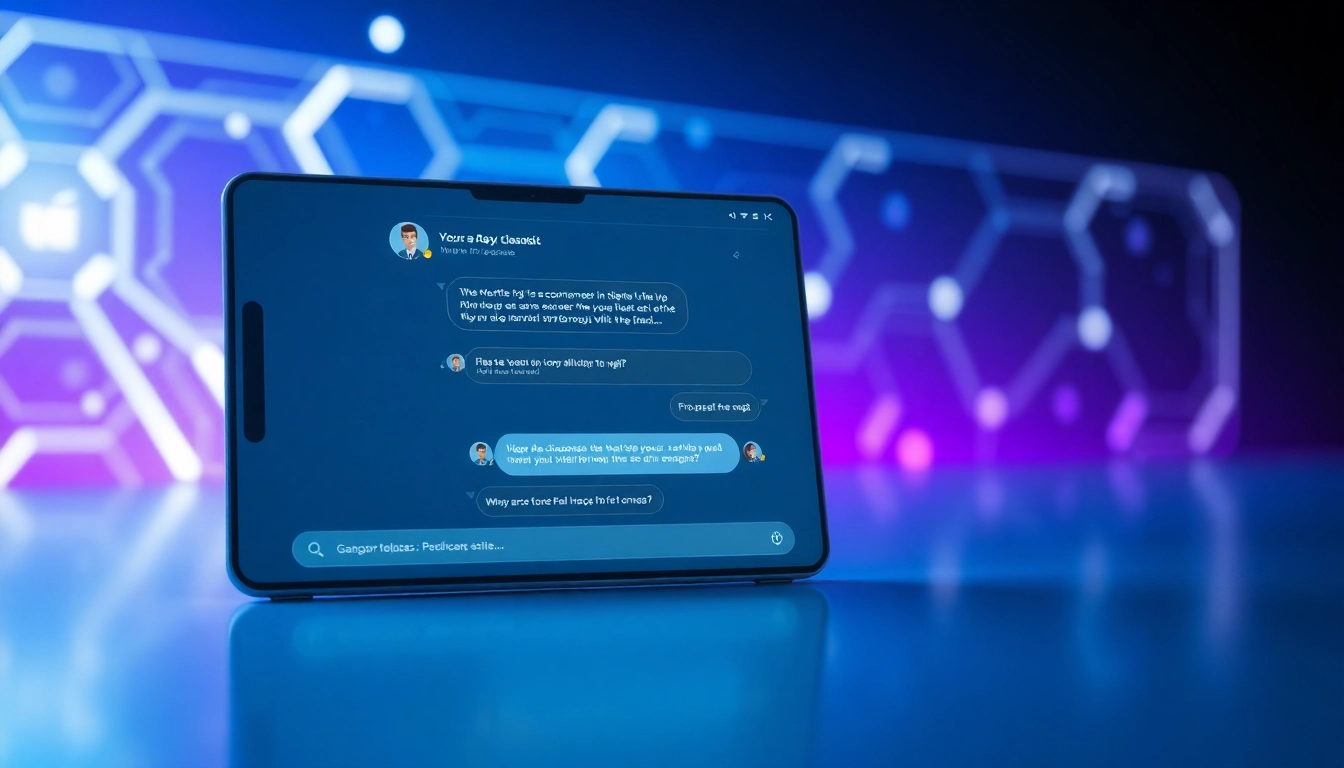 An illustration of a futuristic digital chat interface with customizable AI characters engaging in conversation, featuring glowing holographic elements and vibrant colors.