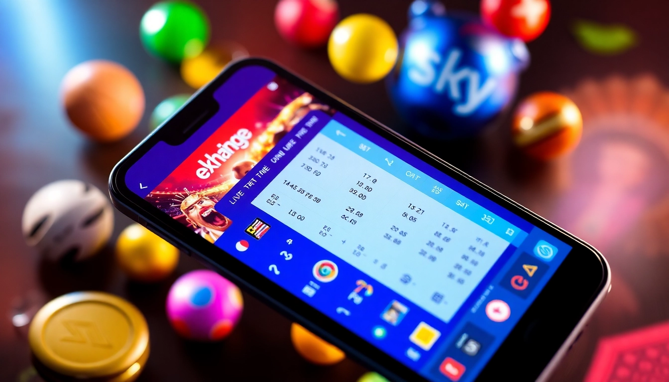 Sky Exchange App interface on smartphone showcasing live betting options and casino games, emphasizing ease of use and security.