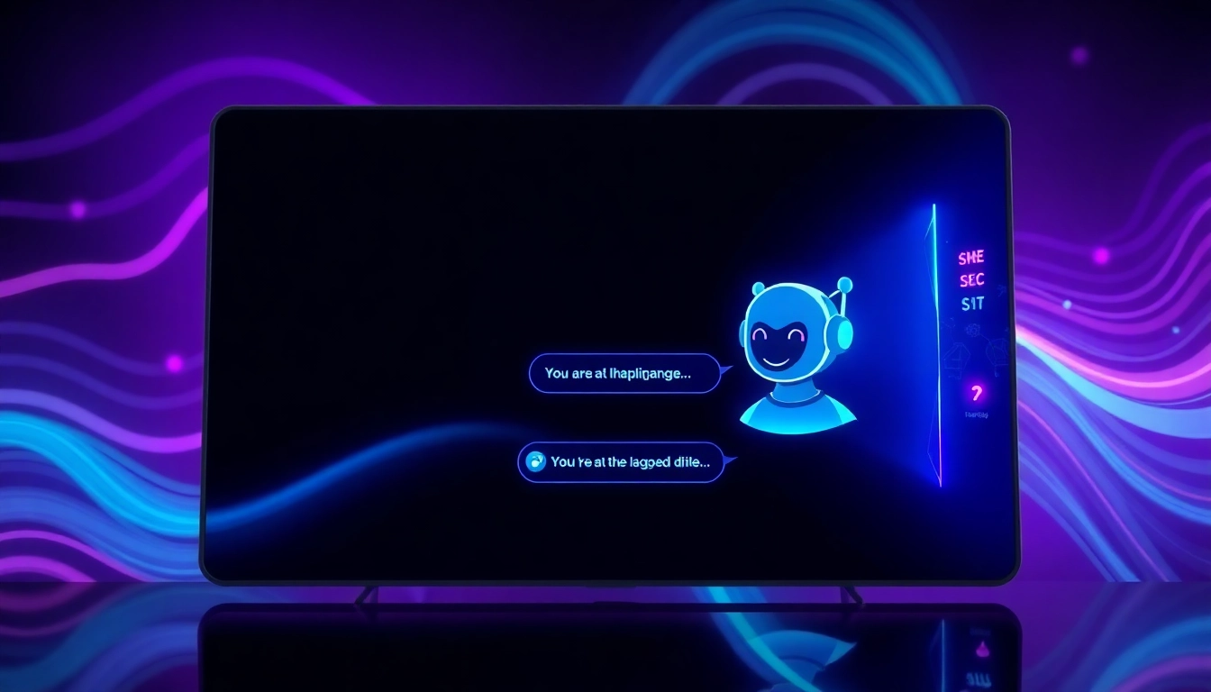 Futuristic digital chat interface with neon accents and AI chatbot avatar