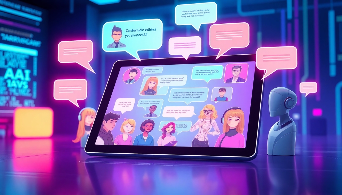 Illustration of a futuristic chat interface with customizable AI characters on a sleek tablet, glowing holographic text bubbles, and a modern tech background in neon colors.